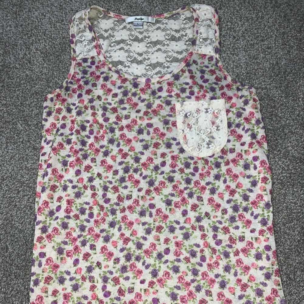 Tan Tank top + pink and purple flowers + lace top